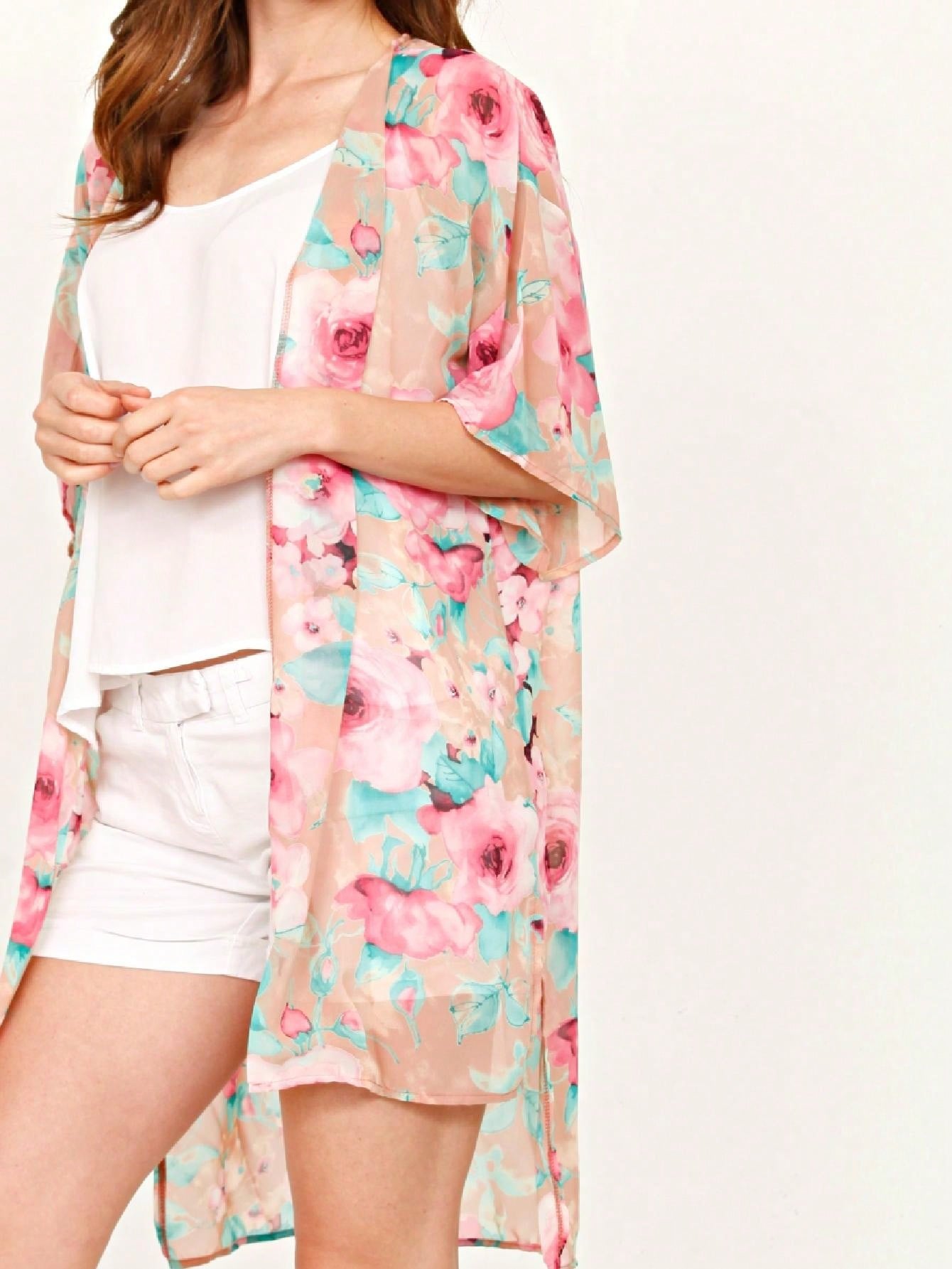 Boho Retro Coral Pink Orange Floral Chiffon Light Weight Slouch Kimono Cardigan Cover Up