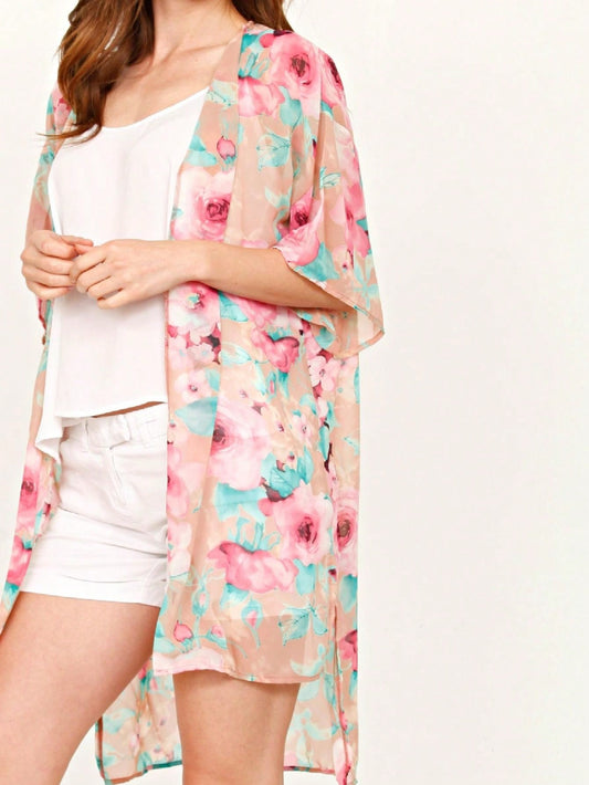 Boho Retro Coral Pink Orange Floral Chiffon Light Weight Slouch Kimono Cardigan Cover Up