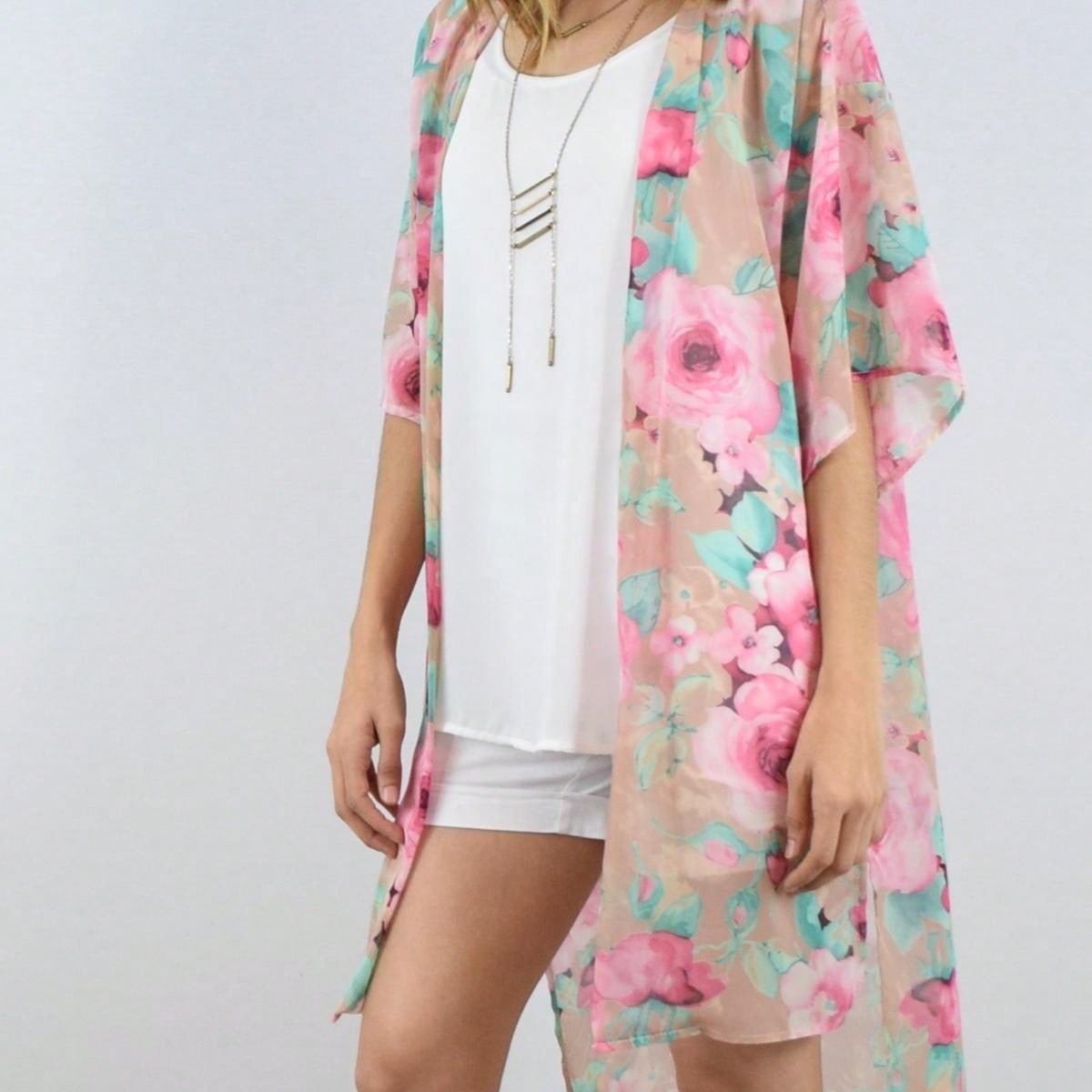 Boho Retro Coral Pink Orange Floral Chiffon Light Weight Slouch Kimono Cardigan Cover Up
