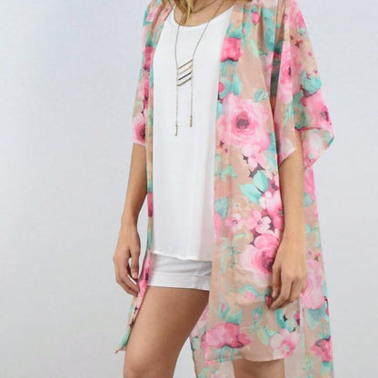 Boho Retro Coral Pink Orange Floral Chiffon Light Weight Slouch Kimono Cardigan Cover Up