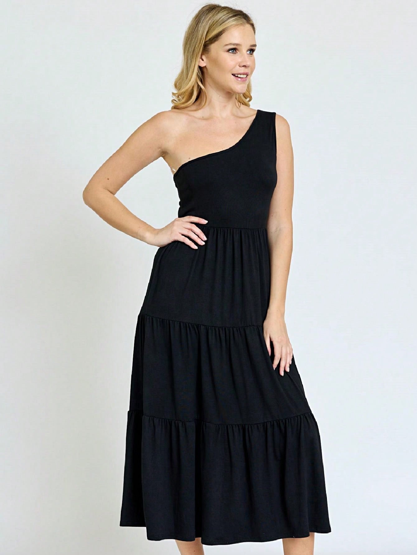 Boho Retro  Vintage Tiered Dress Black Navy Sage Khaki Beige One Shoulder Tiered Long Dress
