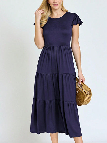 Boho Vacation Retro  Tiered Long Dress Navy Burgundy Black Khaki Ruffle Flutter Sleeve