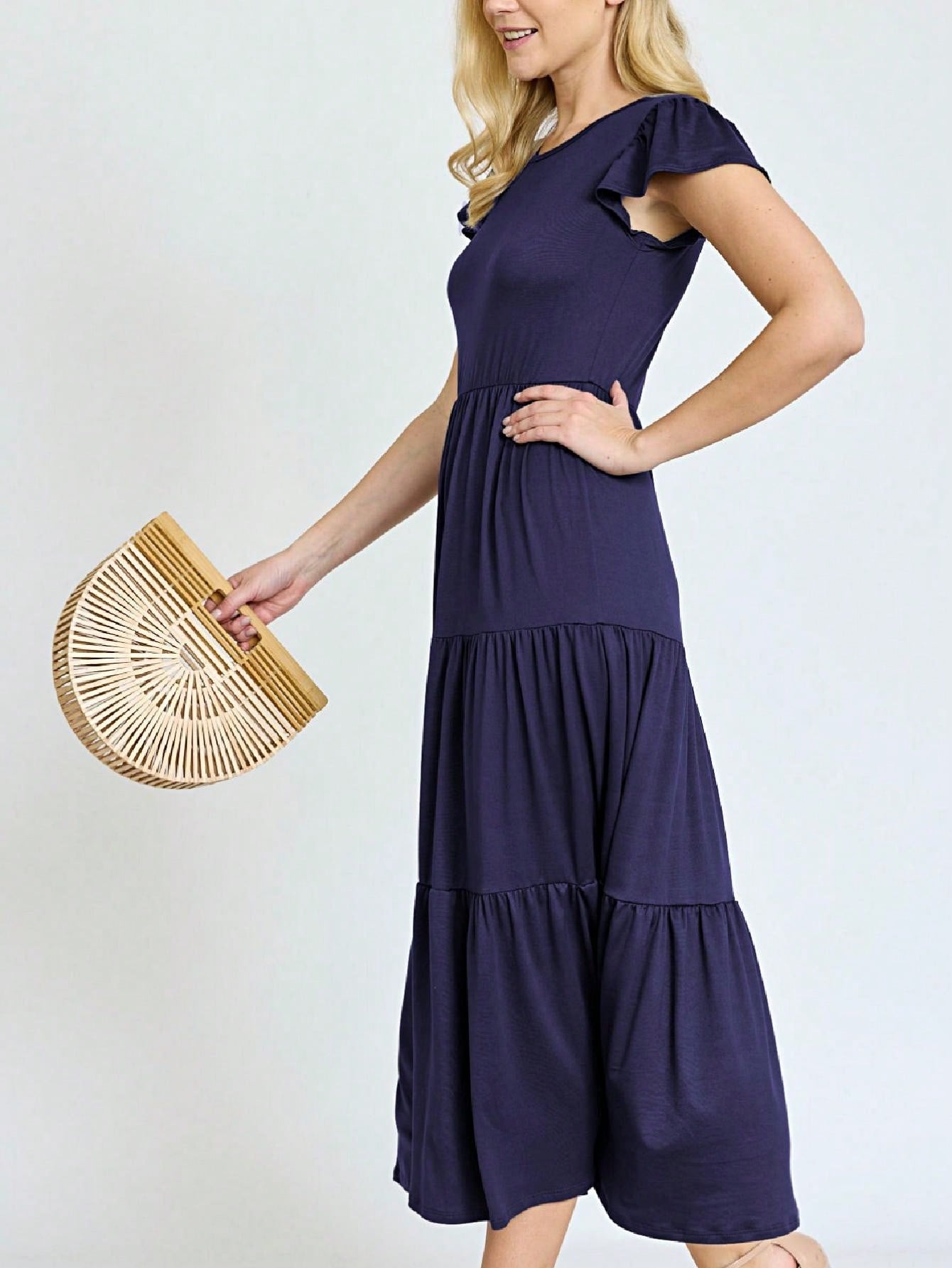 Boho Vacation Retro  Tiered Long Dress Navy Burgundy Black Khaki Ruffle Flutter Sleeve