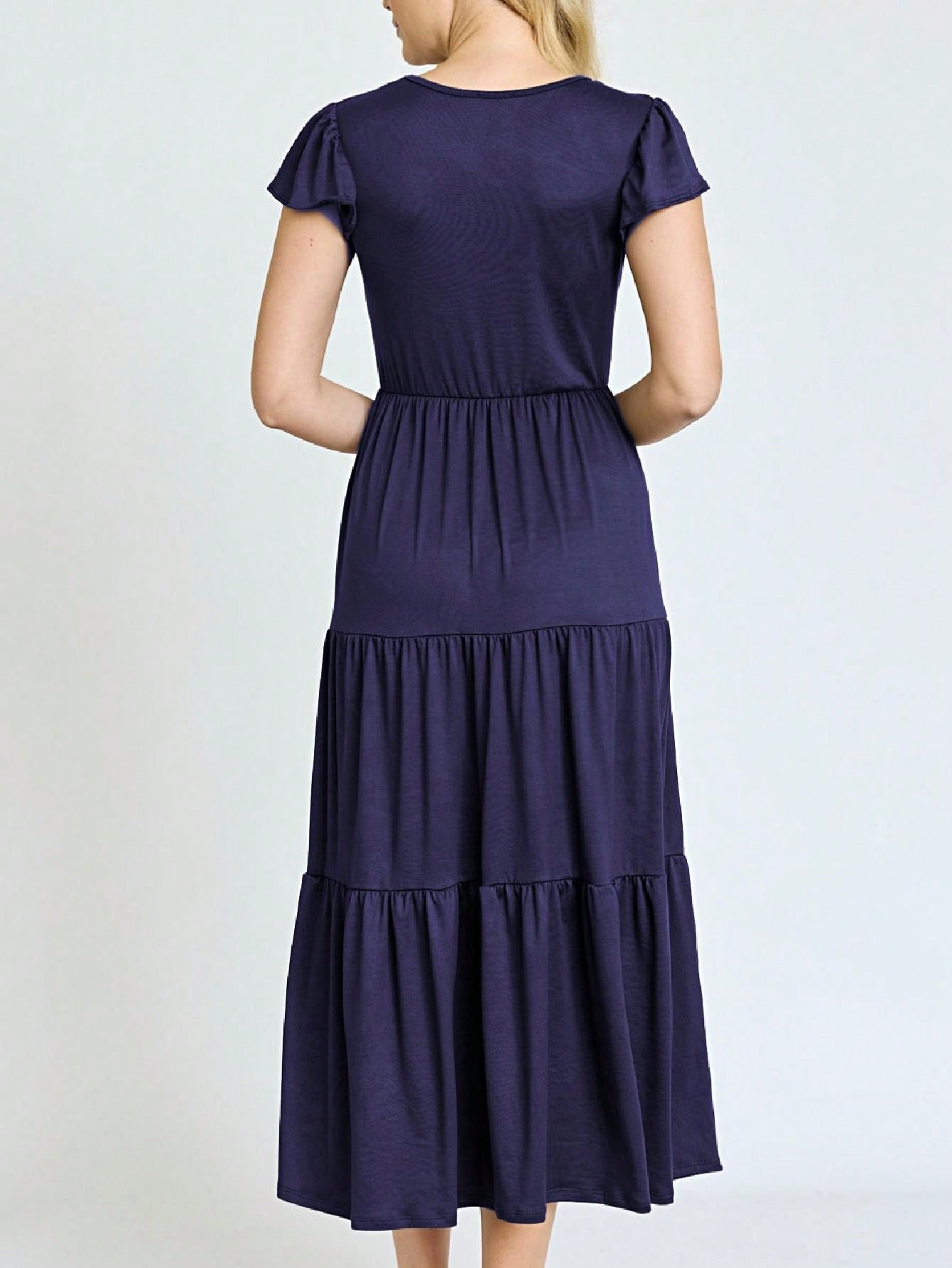 Boho Vacation Retro  Tiered Long Dress Navy Burgundy Black Khaki Ruffle Flutter Sleeve