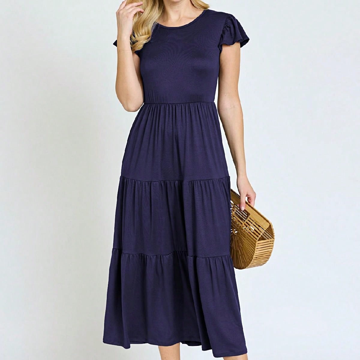 Boho Vacation Retro  Tiered Long Dress Navy Burgundy Black Khaki Ruffle Flutter Sleeve