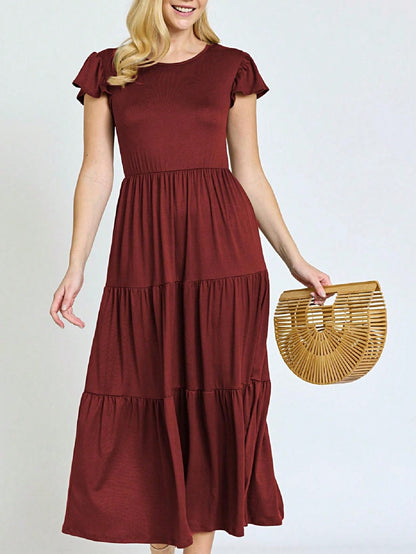 Boho Vacation Retro  Tiered Long Dress Navy Burgundy Black Khaki Ruffle Flutter Sleeve