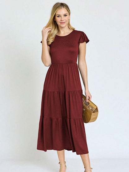 Boho Vacation Retro  Tiered Long Dress Navy Burgundy Black Khaki Ruffle Flutter Sleeve