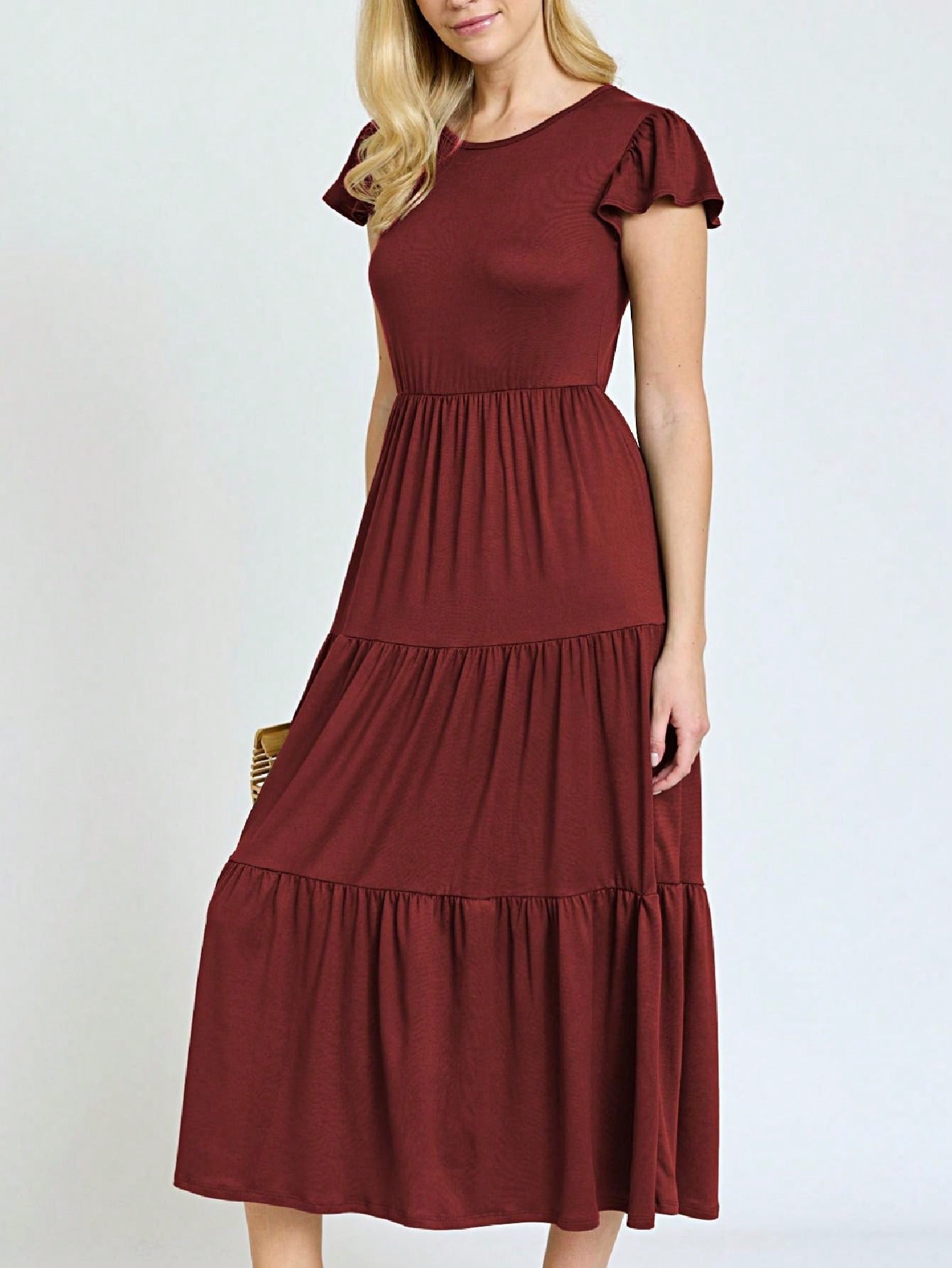 Boho Vacation Retro  Tiered Long Dress Navy Burgundy Black Khaki Ruffle Flutter Sleeve