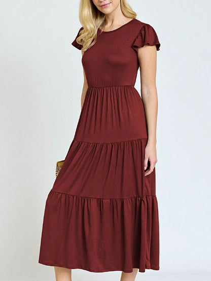 Boho Vacation Retro  Tiered Long Dress Navy Burgundy Black Khaki Ruffle Flutter Sleeve