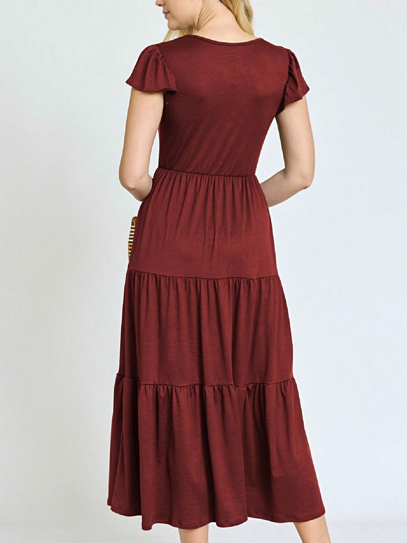Boho Vacation Retro  Tiered Long Dress Navy Burgundy Black Khaki Ruffle Flutter Sleeve