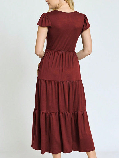 Boho Vacation Retro  Tiered Long Dress Navy Burgundy Black Khaki Ruffle Flutter Sleeve