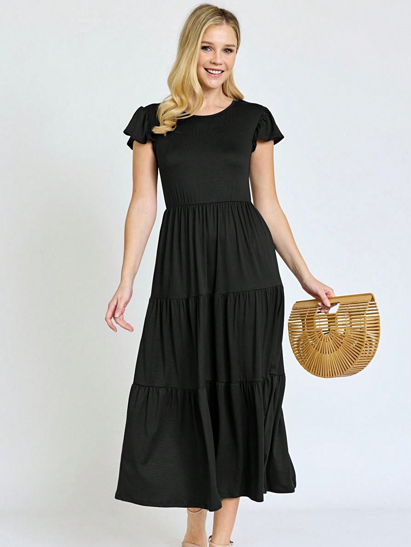 Boho Vacation Retro  Tiered Long Dress Navy Burgundy Black Khaki Ruffle Flutter Sleeve