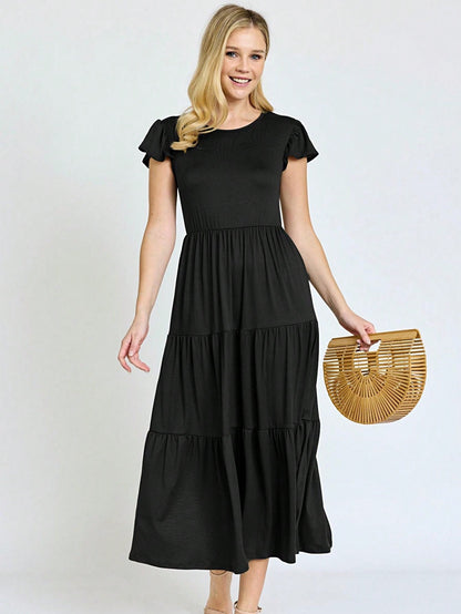 Boho Vacation Retro  Tiered Long Dress Navy Burgundy Black Khaki Ruffle Flutter Sleeve