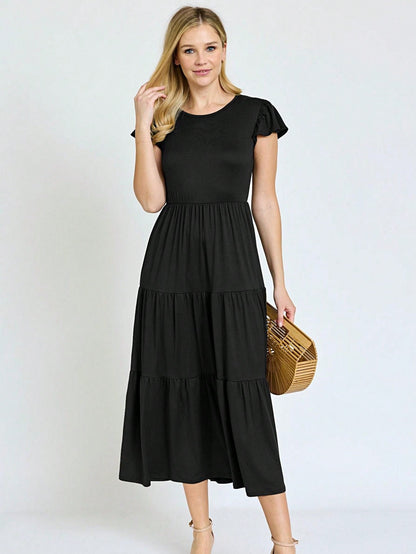 Boho Vacation Retro  Tiered Long Dress Navy Burgundy Black Khaki Ruffle Flutter Sleeve