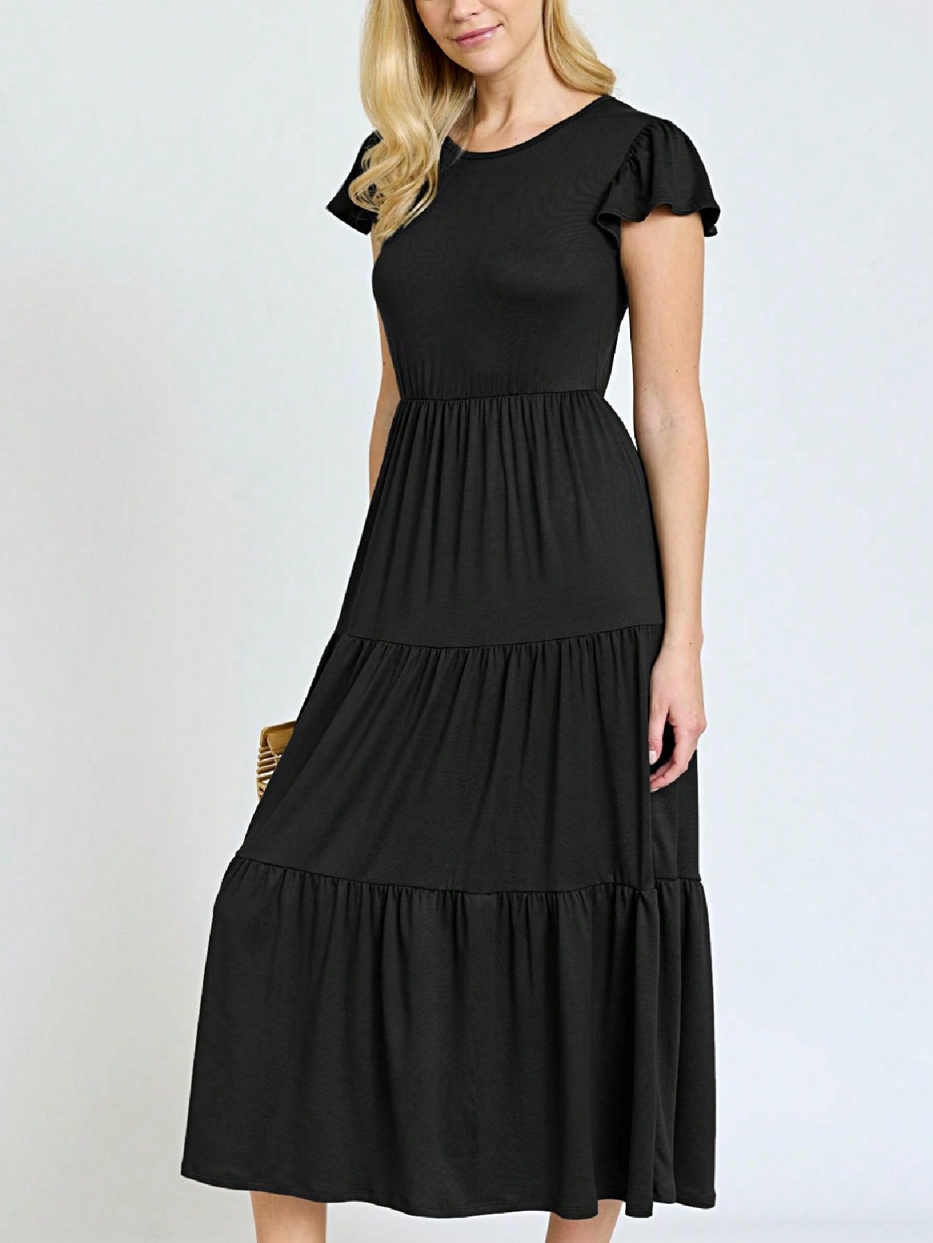 Boho Vacation Retro  Tiered Long Dress Navy Burgundy Black Khaki Ruffle Flutter Sleeve