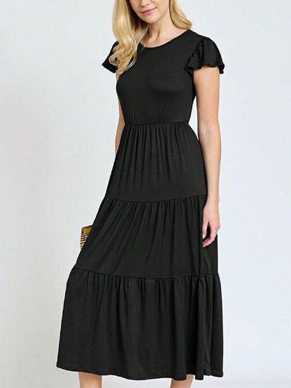 Boho Vacation Retro  Tiered Long Dress Navy Burgundy Black Khaki Ruffle Flutter Sleeve