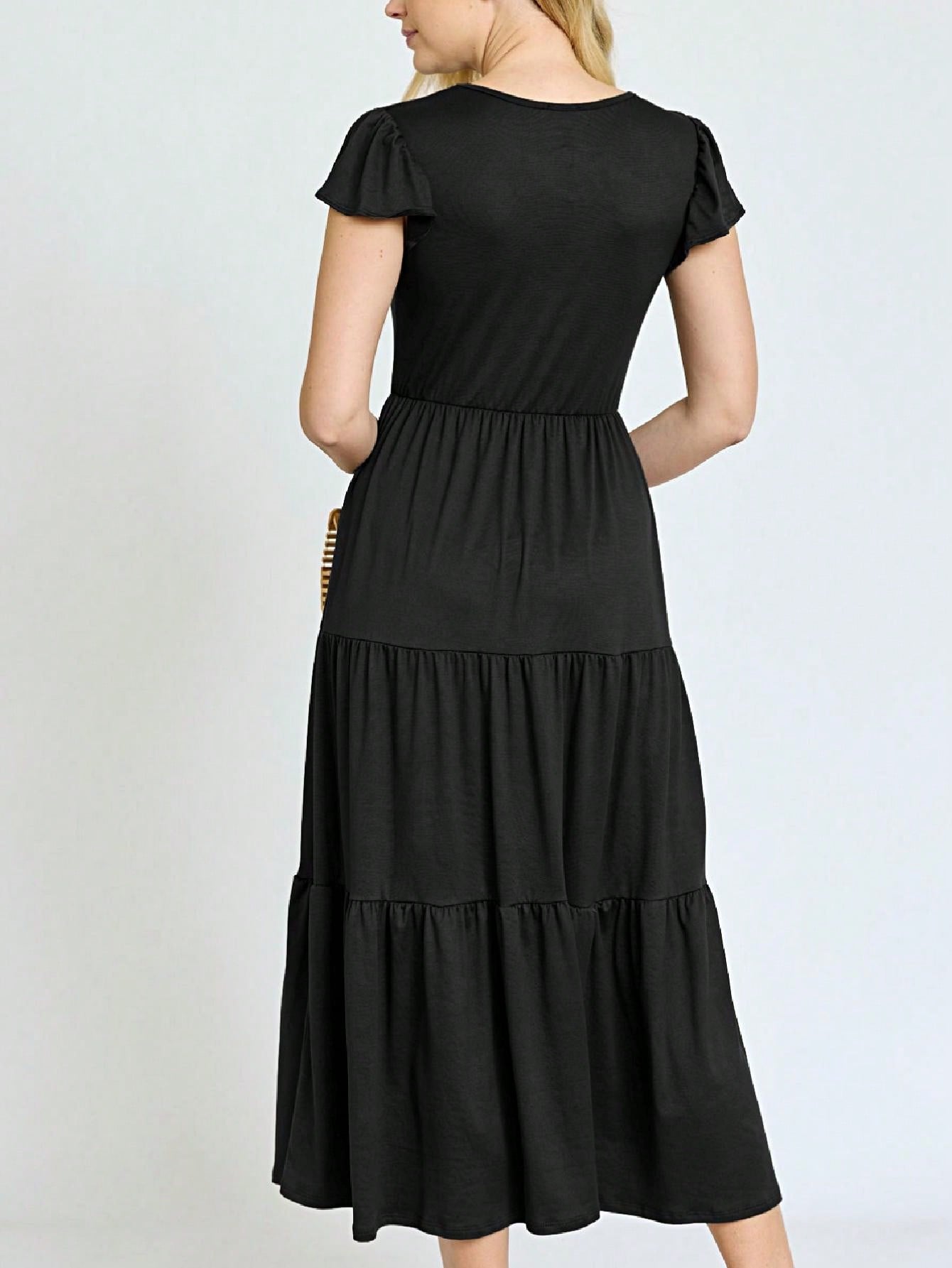 Boho Vacation Retro  Tiered Long Dress Navy Burgundy Black Khaki Ruffle Flutter Sleeve