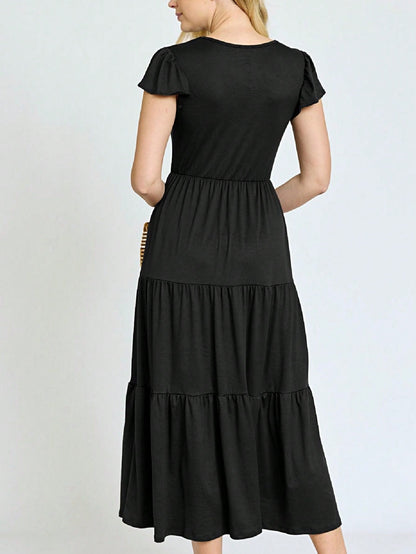 Boho Vacation Retro  Tiered Long Dress Navy Burgundy Black Khaki Ruffle Flutter Sleeve