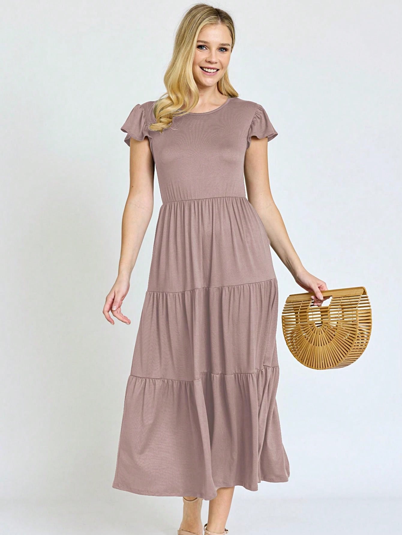 Boho Vacation Retro  Tiered Long Dress Navy Burgundy Black Khaki Ruffle Flutter Sleeve