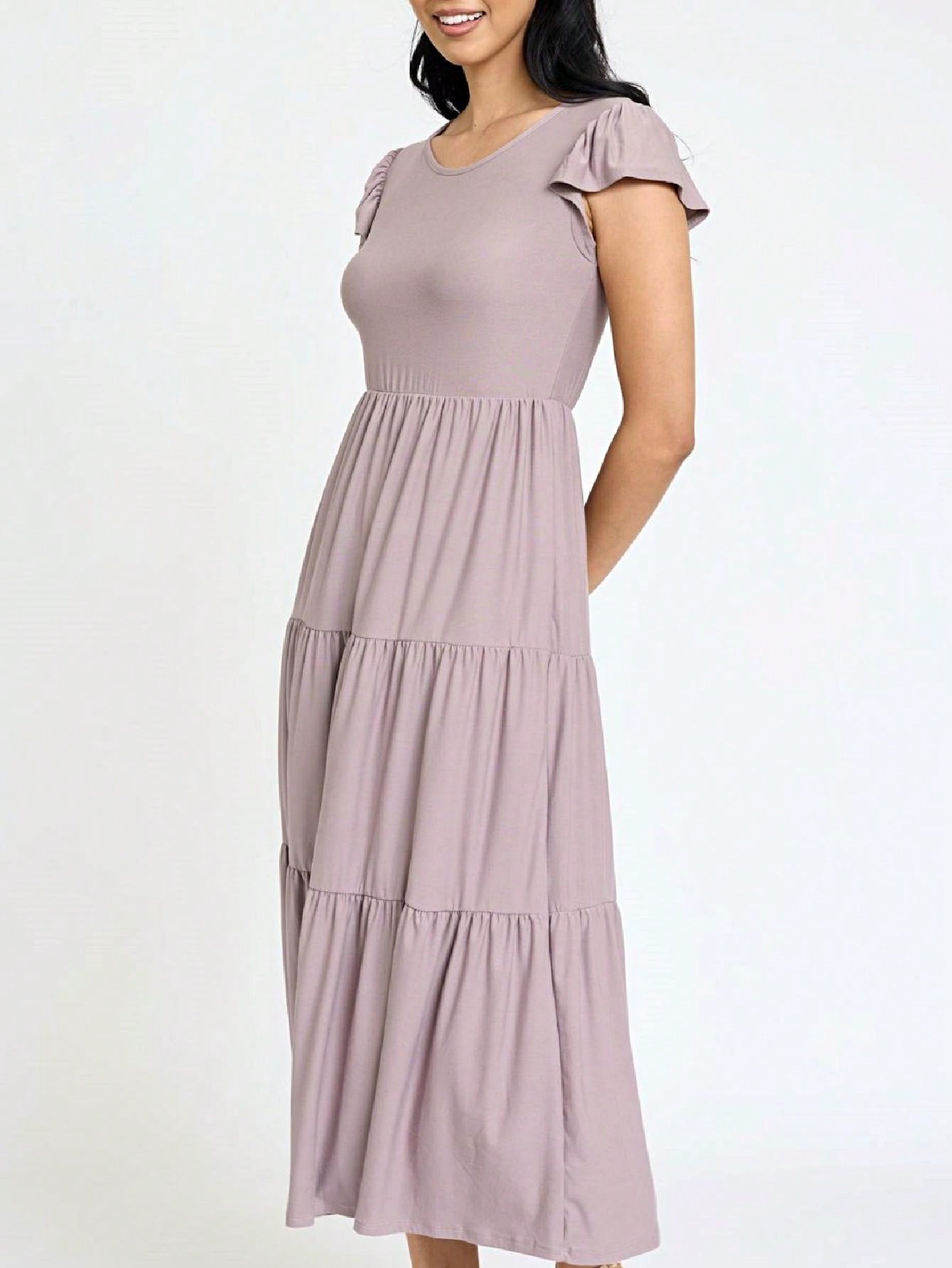Boho Vacation Retro  Tiered Long Dress Navy Burgundy Black Khaki Ruffle Flutter Sleeve