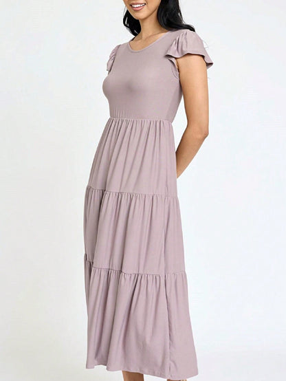 Boho Vacation Retro  Tiered Long Dress Navy Burgundy Black Khaki Ruffle Flutter Sleeve
