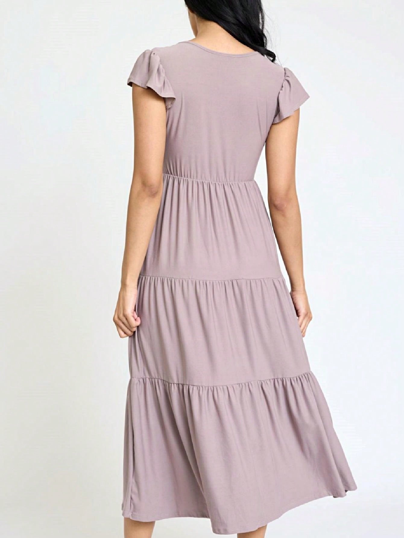 Boho Vacation Retro  Tiered Long Dress Navy Burgundy Black Khaki Ruffle Flutter Sleeve