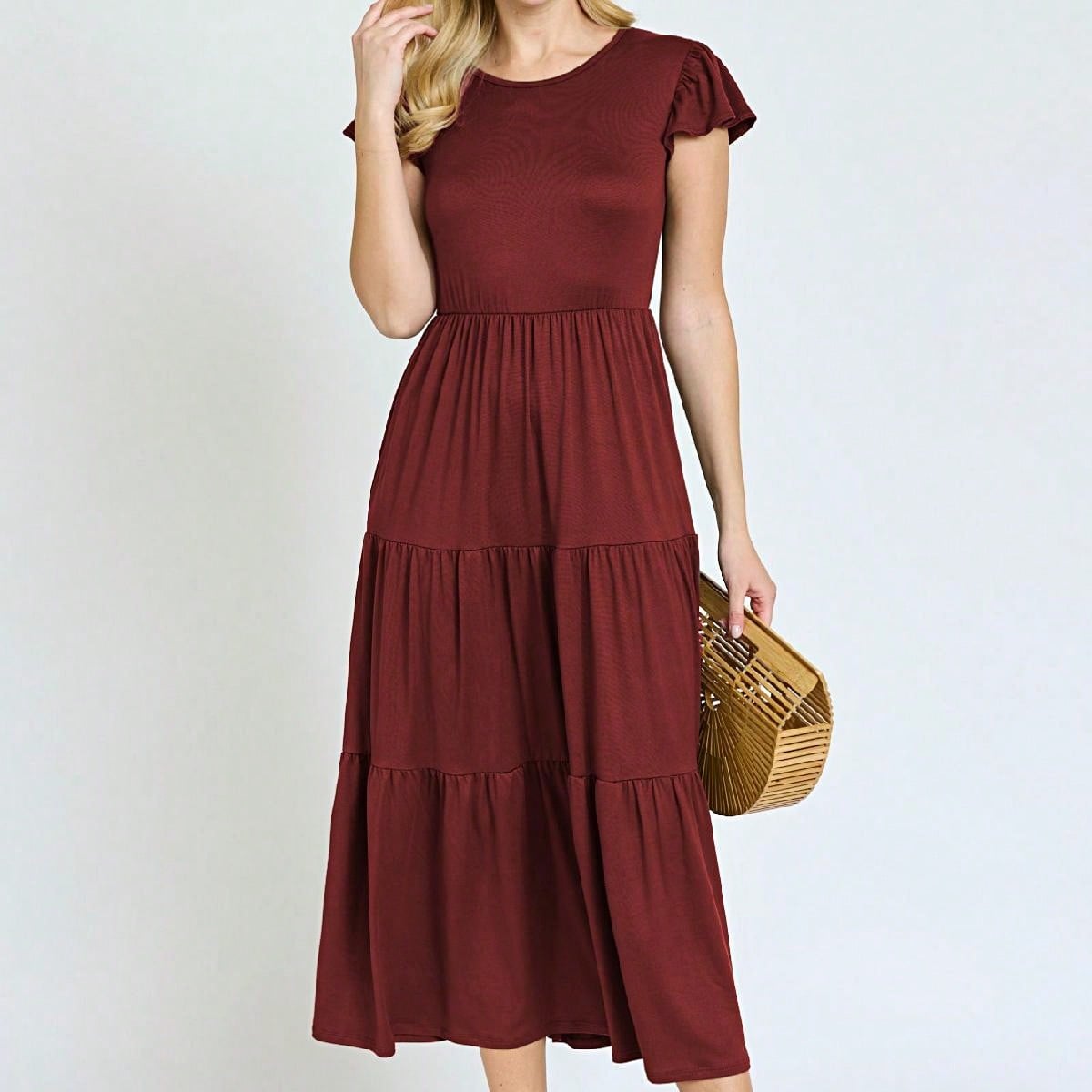 Boho Vacation Retro  Tiered Long Dress Navy Burgundy Black Khaki Ruffle Flutter Sleeve