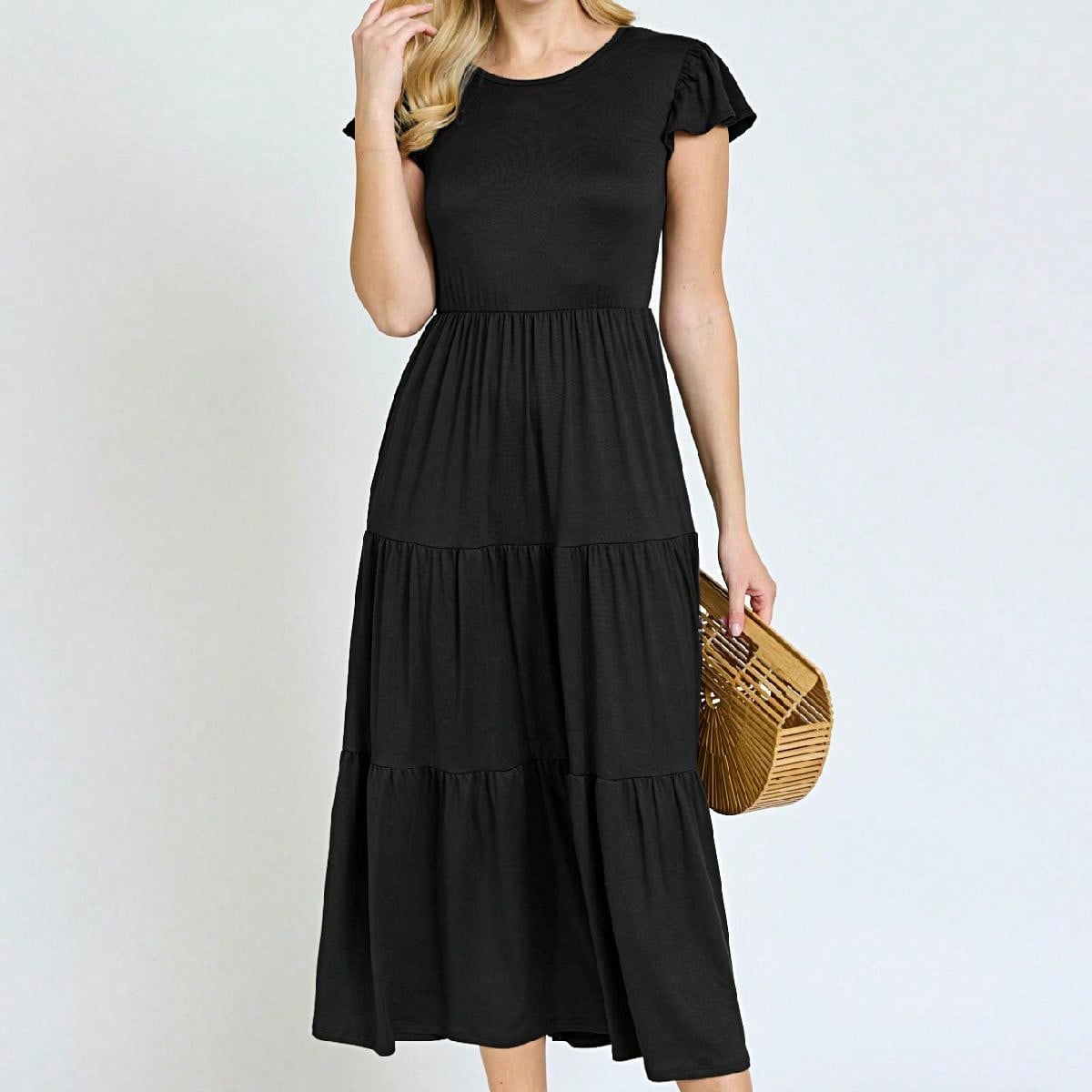 Boho Vacation Retro  Tiered Long Dress Navy Burgundy Black Khaki Ruffle Flutter Sleeve