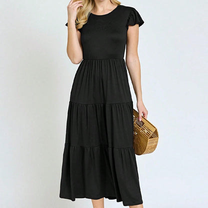 Boho Vacation Retro  Tiered Long Dress Navy Burgundy Black Khaki Ruffle Flutter Sleeve