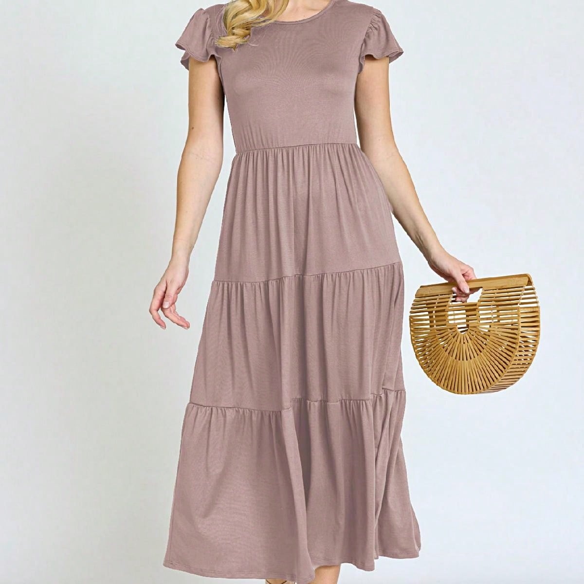 Boho Vacation Retro  Tiered Long Dress Navy Burgundy Black Khaki Ruffle Flutter Sleeve