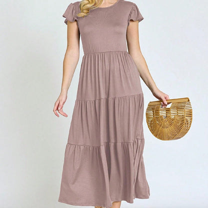 Boho Vacation Retro  Tiered Long Dress Navy Burgundy Black Khaki Ruffle Flutter Sleeve
