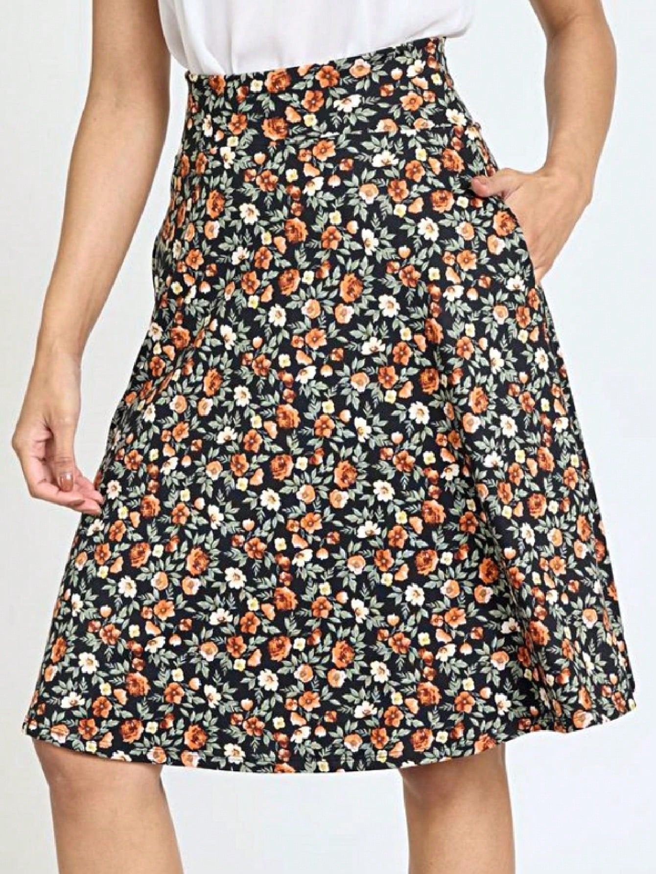 Boho Retro Knee Length Skirt Ditsy Floral