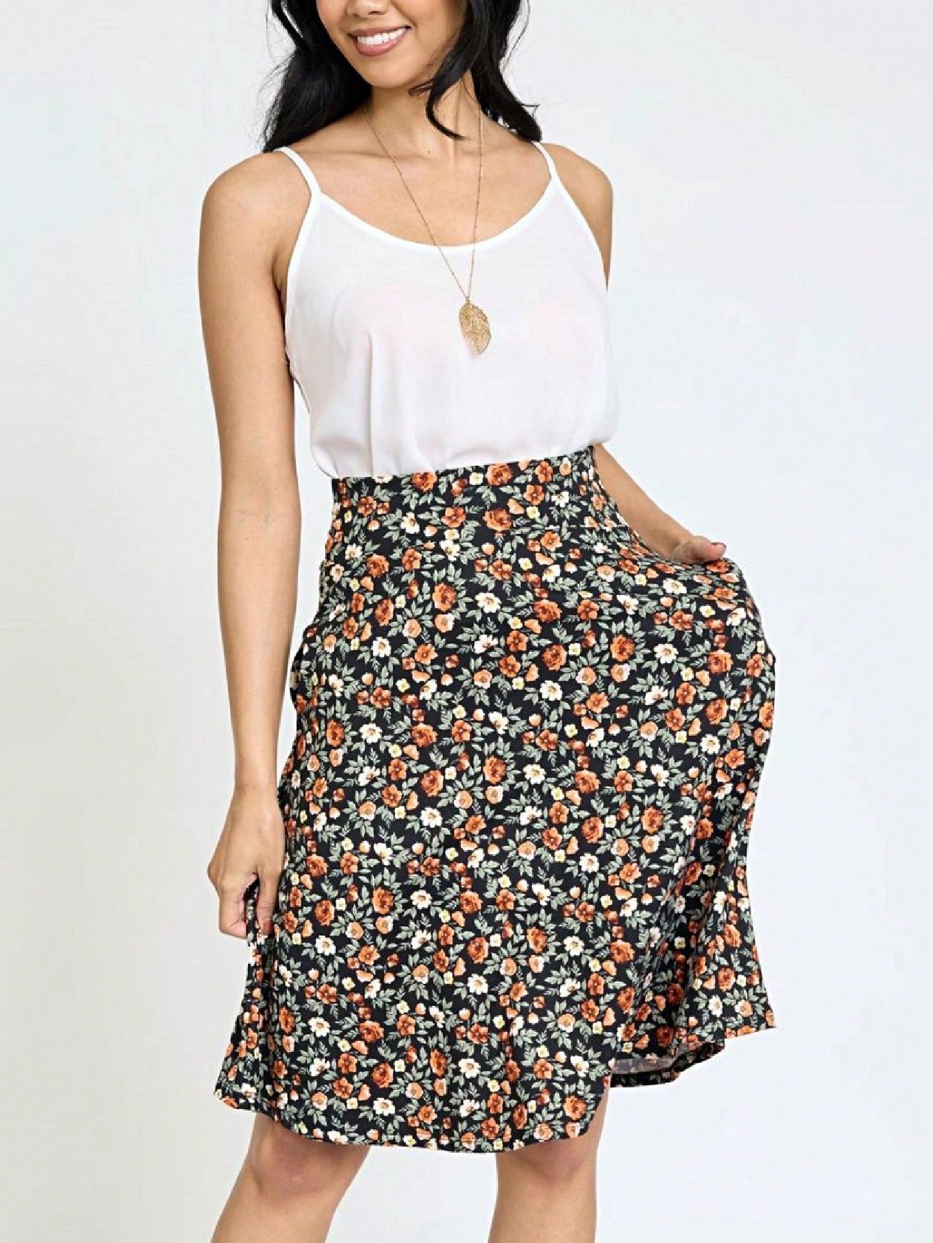 Boho Retro Knee Length Skirt Ditsy Floral