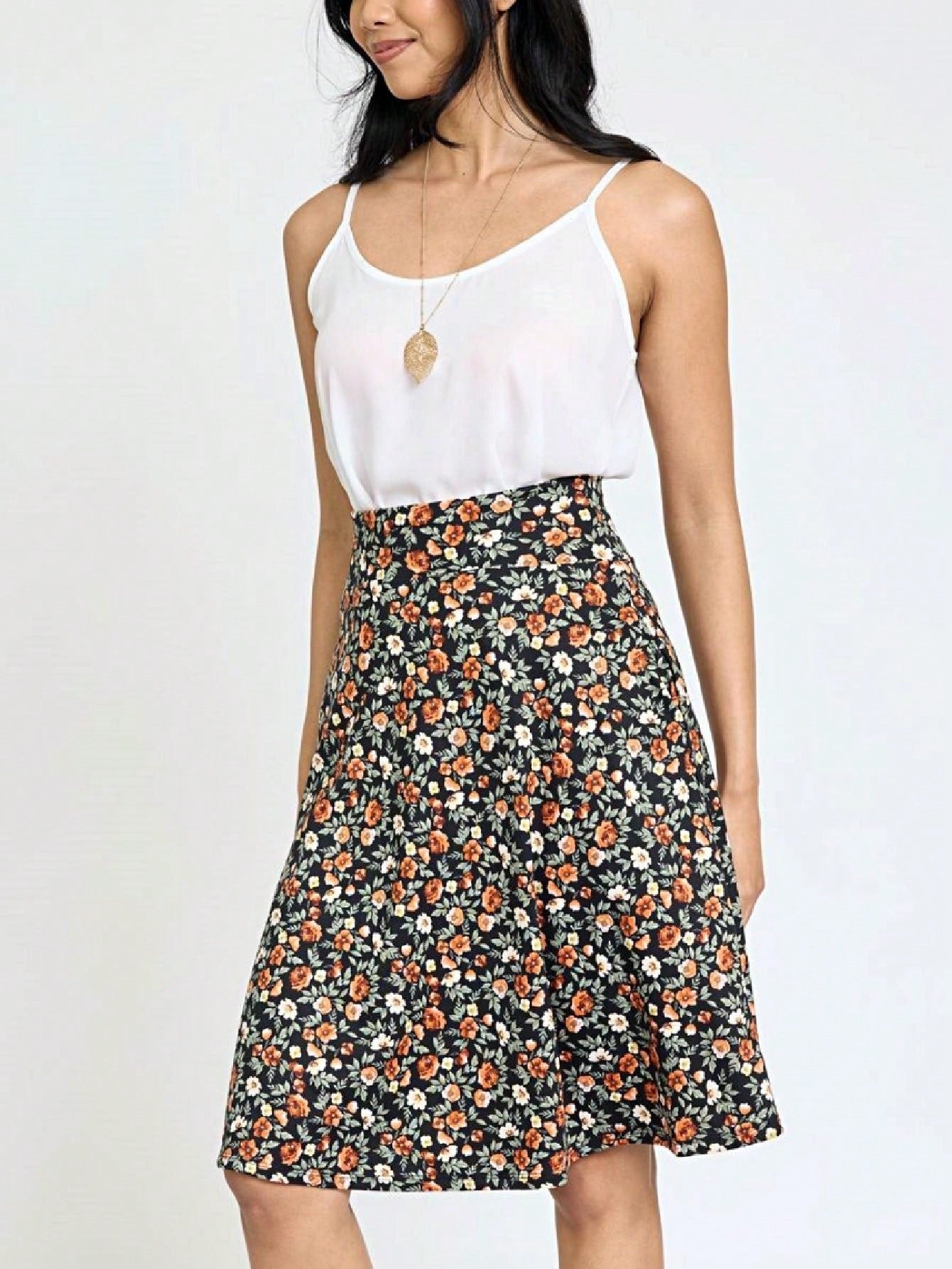 Boho Retro Knee Length Skirt Ditsy Floral