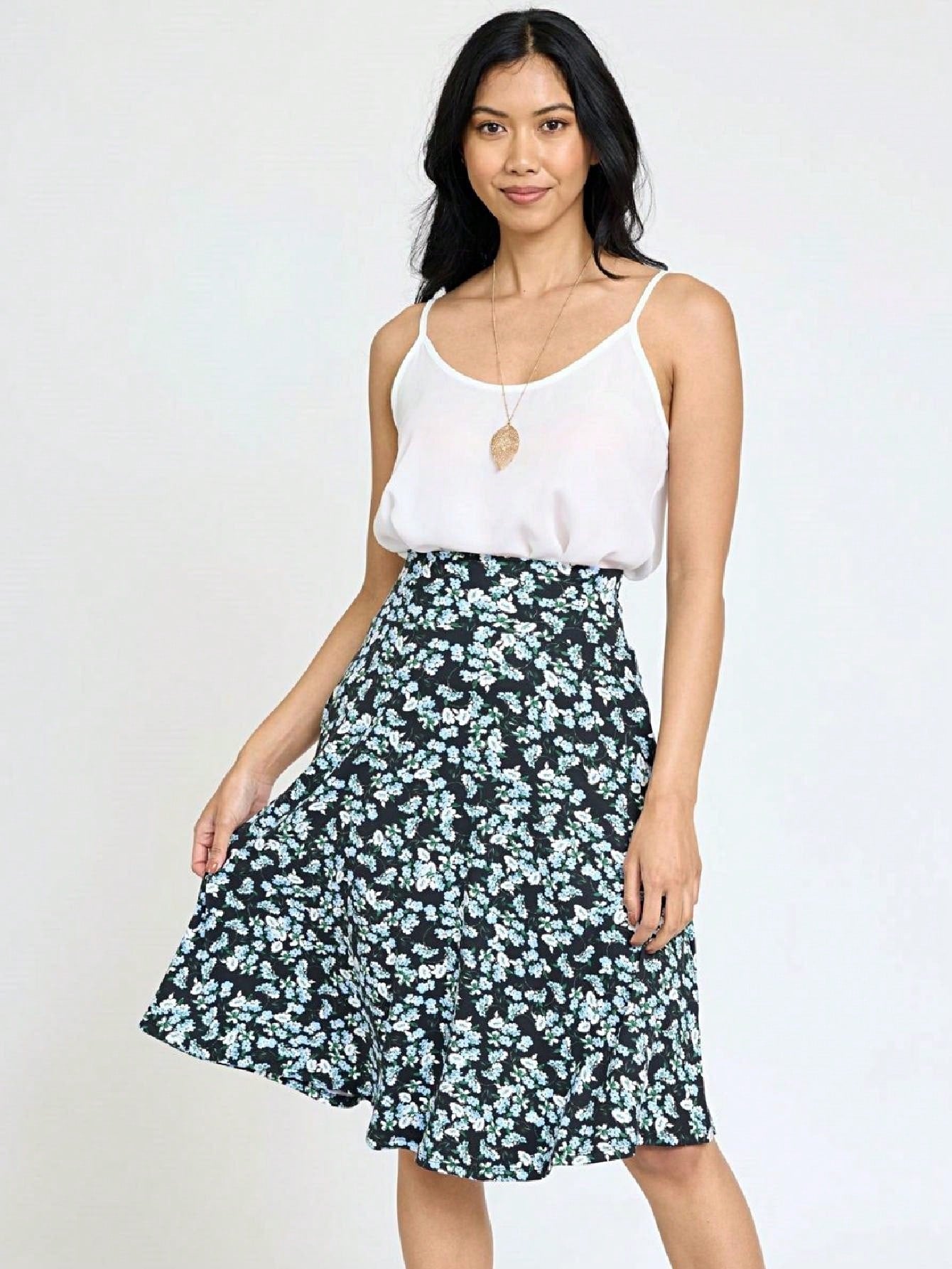 Boho Retro Knee Length Skirt Ditsy Floral