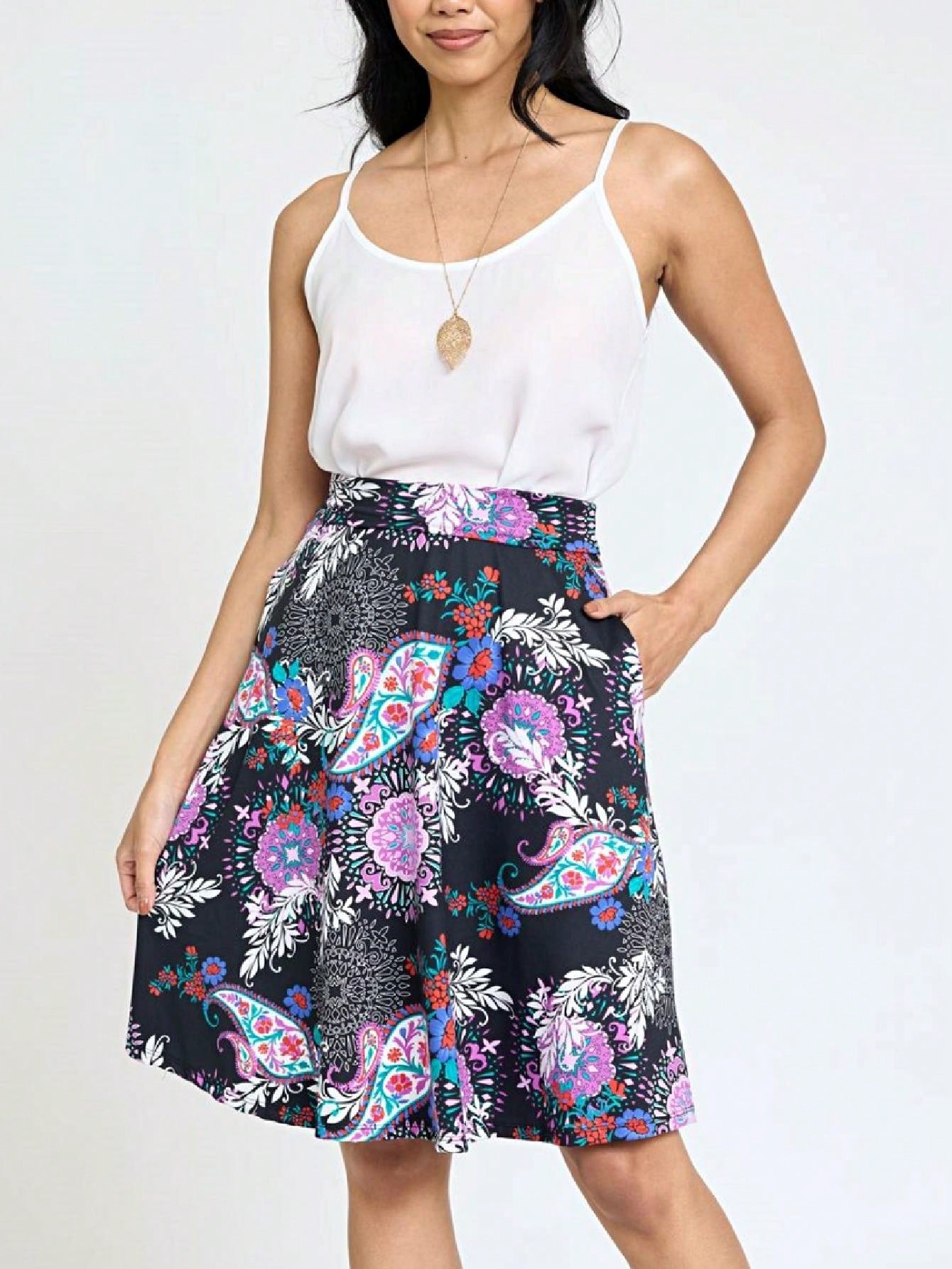 Boho Retro Knee Length Skirt Ditsy Floral