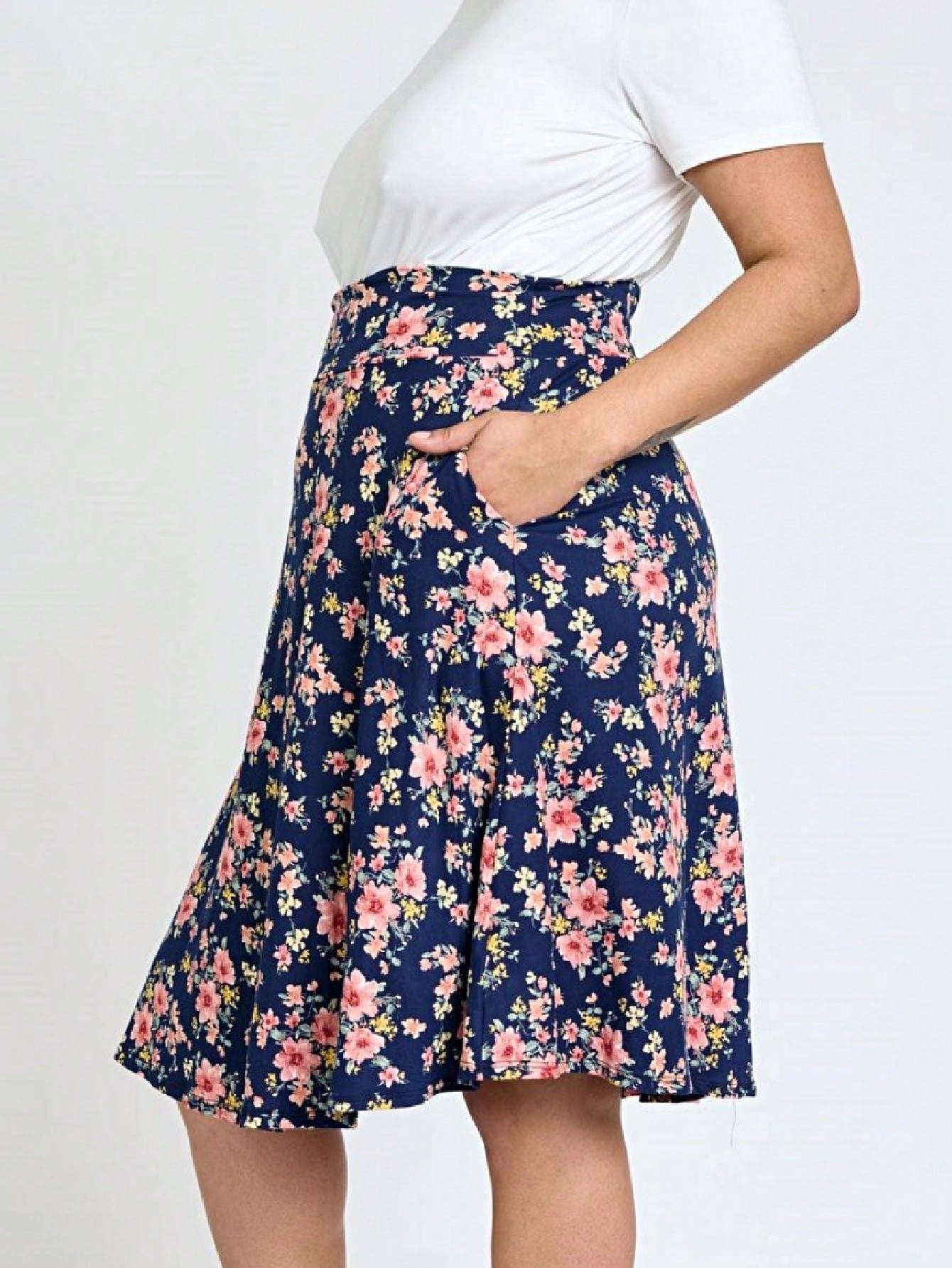 Boho Retro Knee Length Skirt Ditsy Floral