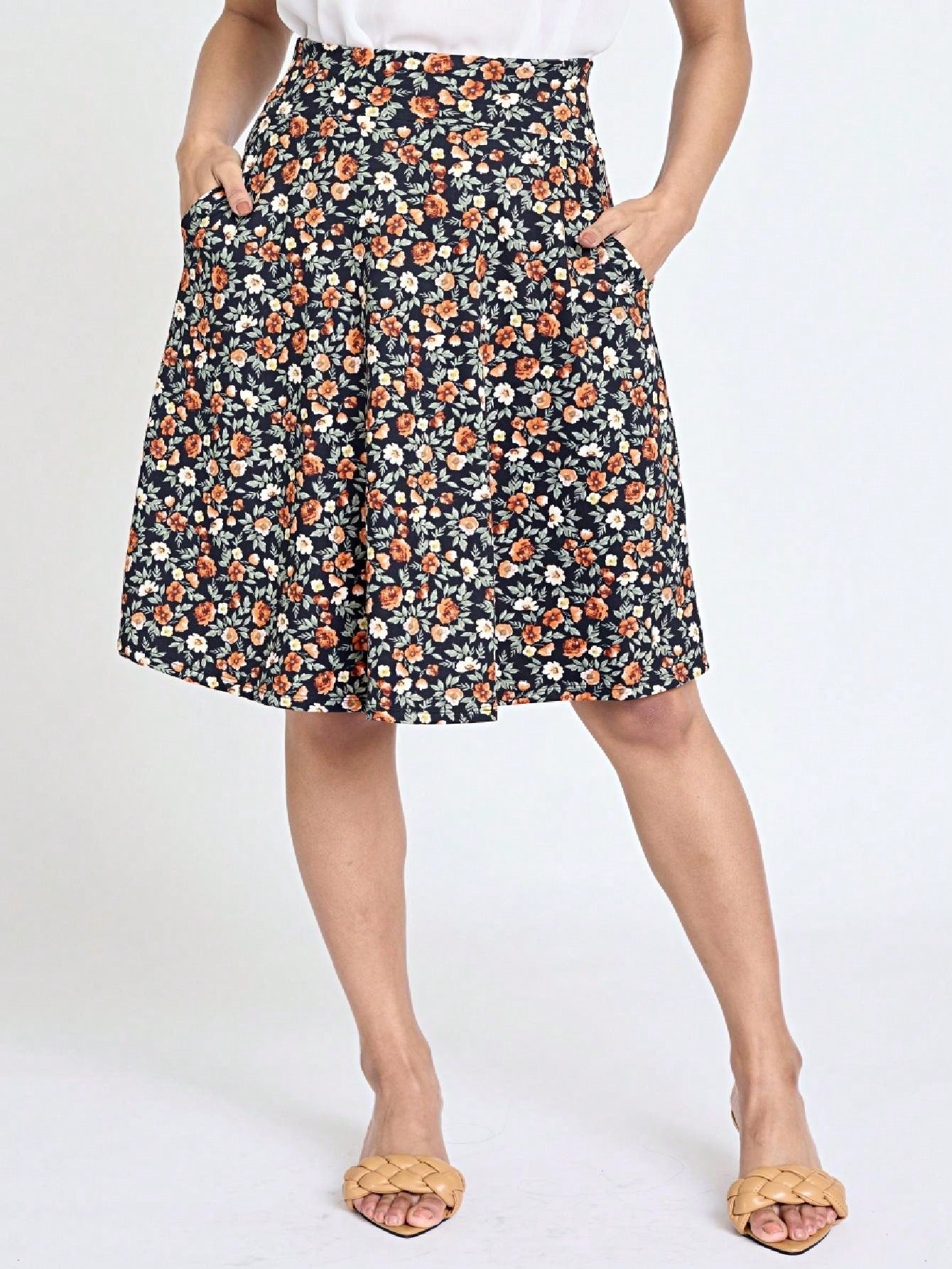 Boho Retro Knee Length Skirt Ditsy Floral
