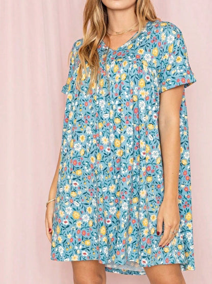 Summer Boho Retro Ditsy Floral Blue White Black Short Sleeve|  Small -3 XL