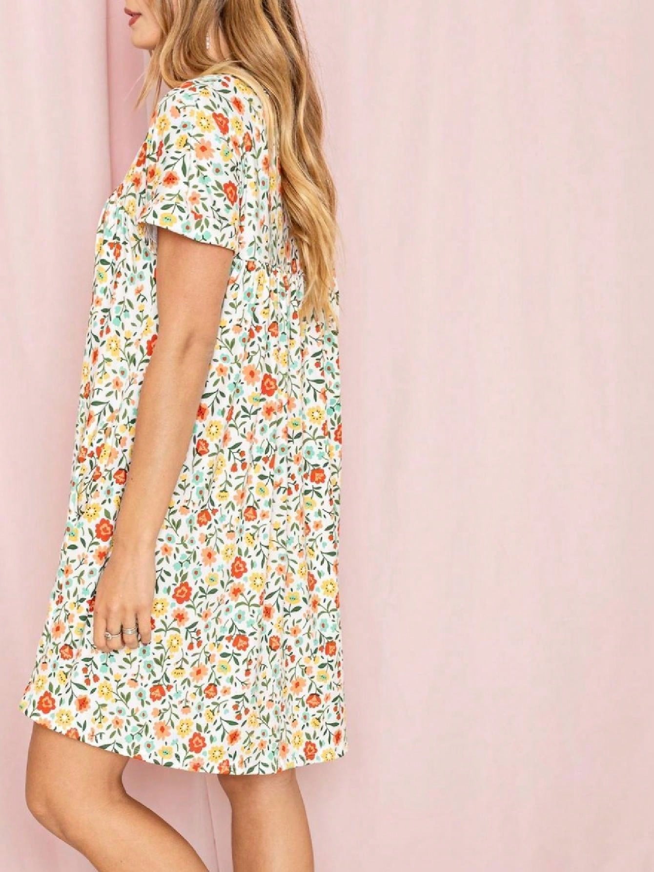 Summer Boho Retro Ditsy Floral Blue White Black Short Sleeve|  Small -3 XL