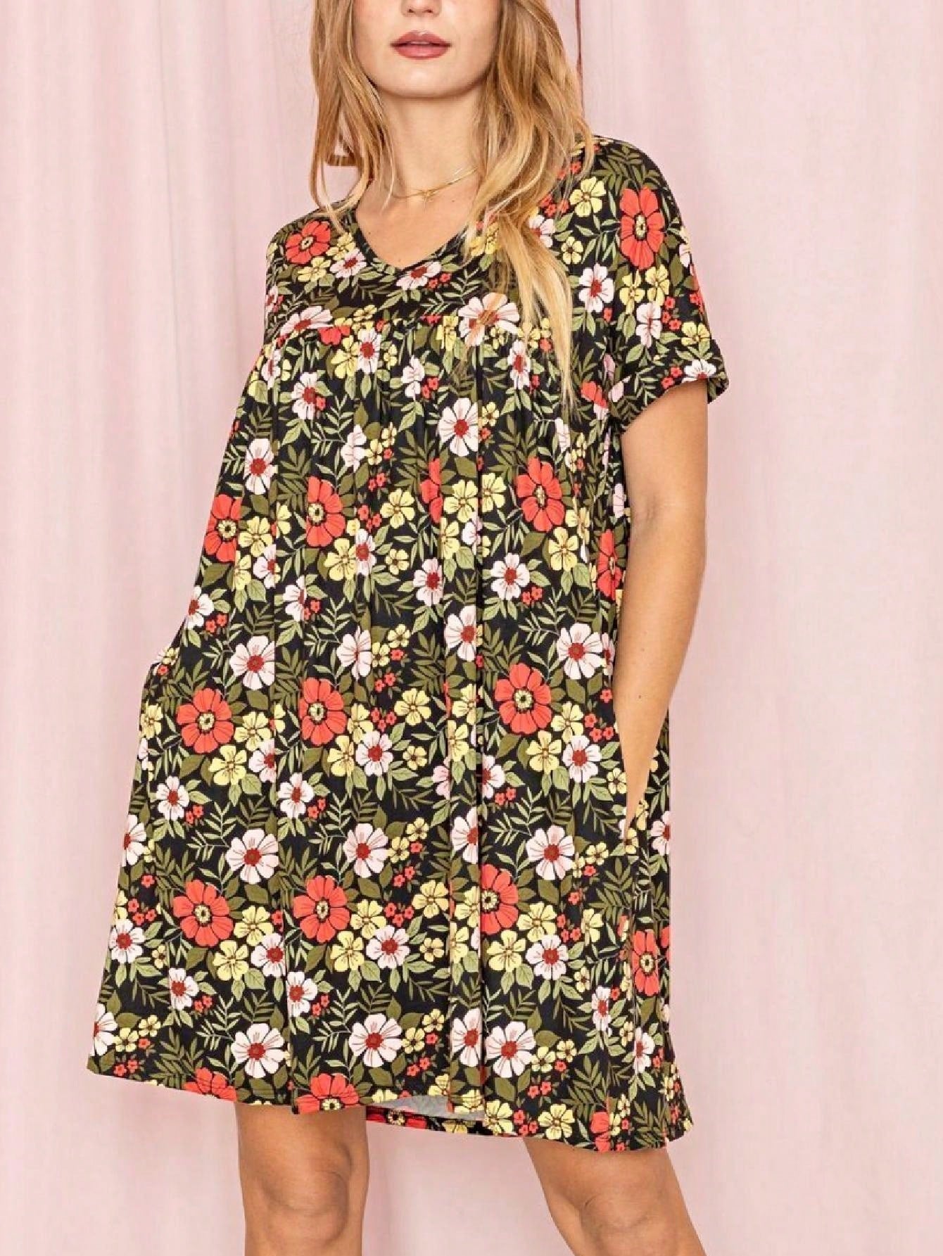 Summer Boho Retro Ditsy Floral Blue White Black Short Sleeve|  Small -3 XL