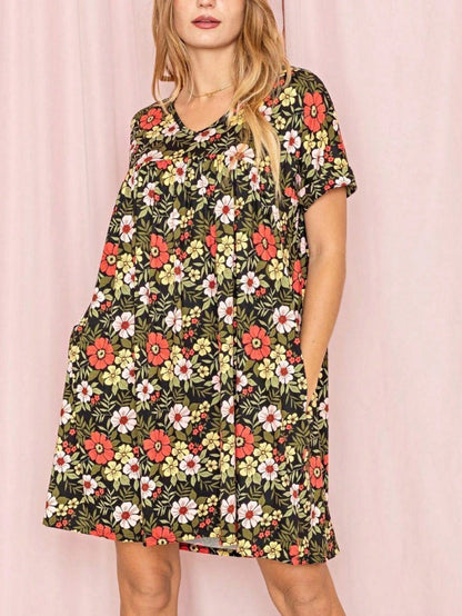 Summer Boho Retro Ditsy Floral Blue White Black Short Sleeve|  Small -3 XL