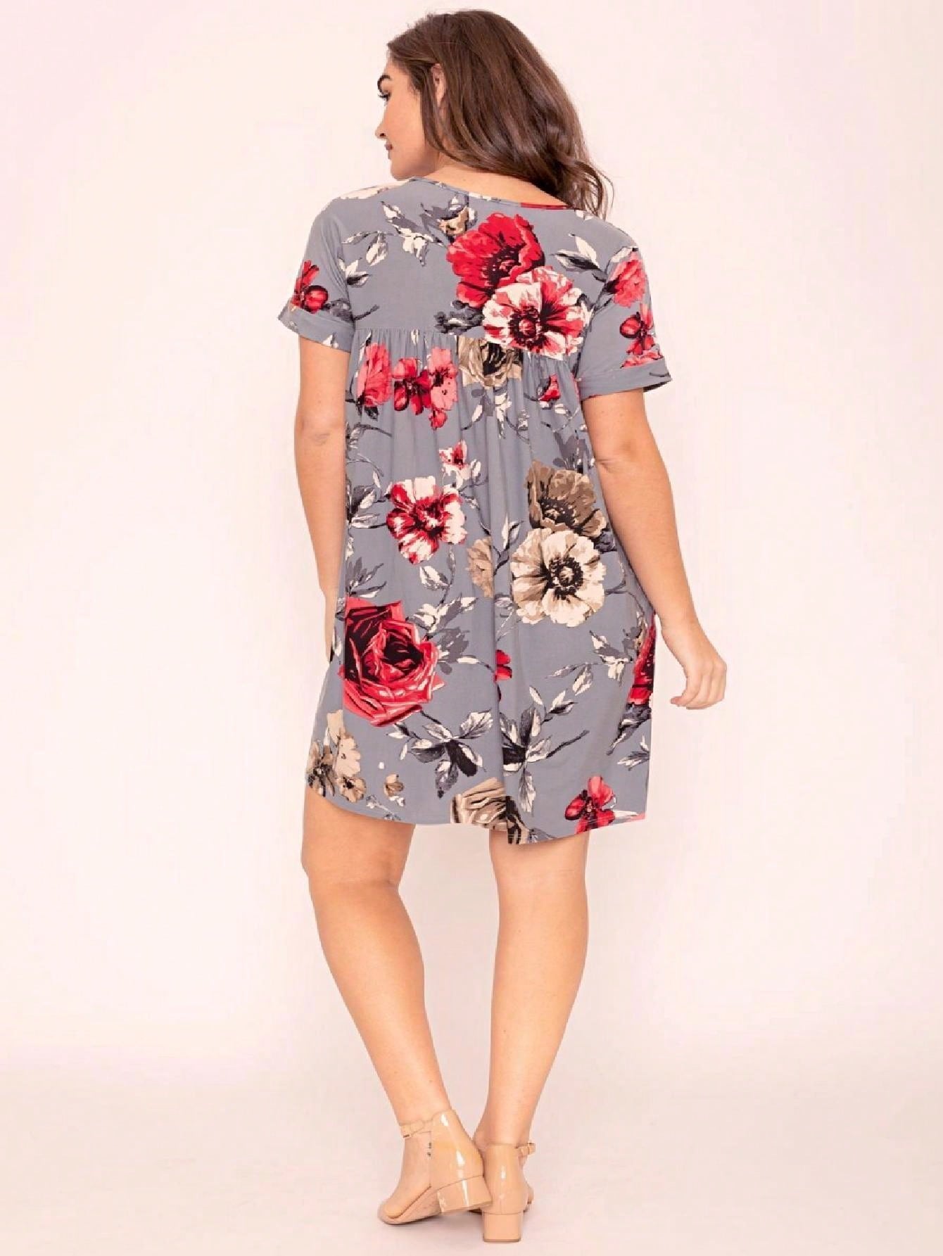 Summer Boho Retro Ditsy Floral Blue White Black Short Sleeve|  Small -3 XL