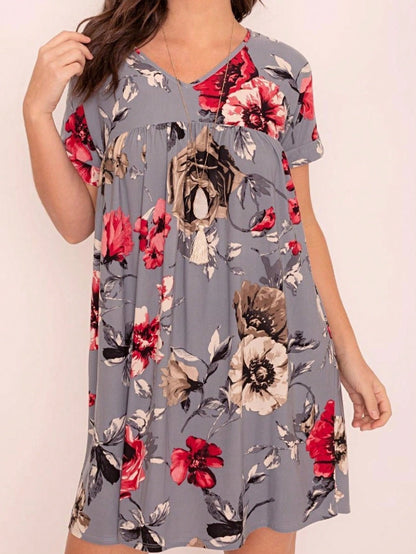 Summer Boho Retro Ditsy Floral Blue White Black Short Sleeve|  Small -3 XL