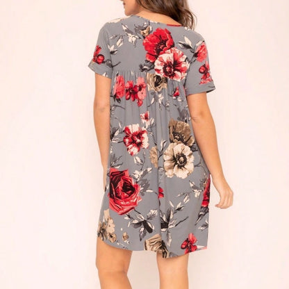 Summer Boho Retro Ditsy Floral Blue White Black Short Sleeve|  Small -3 XL