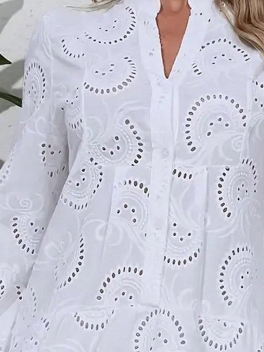 Boho Retro Vintage  Cotton Solid  White Embroidered Hollow Tiered Button Front Flounce Sleeve V Neck Dress