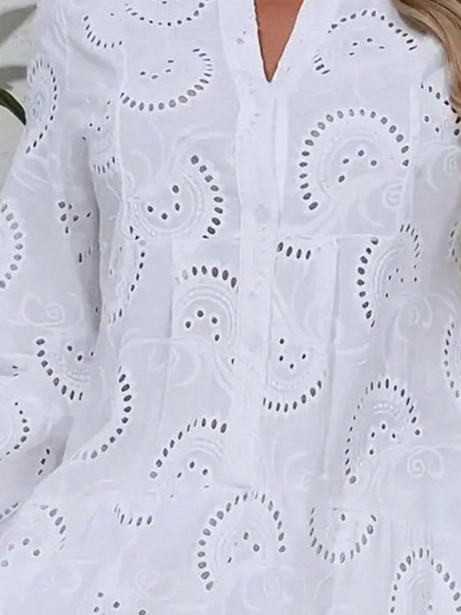 Boho Retro Vintage  Cotton Solid  White Embroidered Hollow Tiered Button Front Flounce Sleeve V Neck Dress