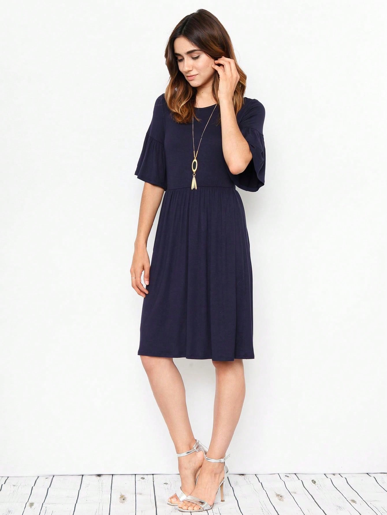 Boho Retro Yellow Black Navy Ruffle Short Sleeve Solid Color Rayon Smooth Cool Classic Dress