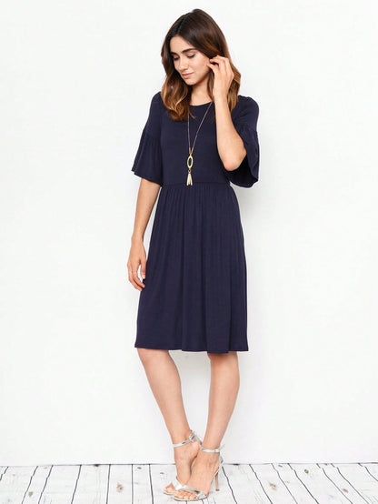 Boho Retro Yellow Black Navy Ruffle Short Sleeve Solid Color Rayon Smooth Cool Classic Dress