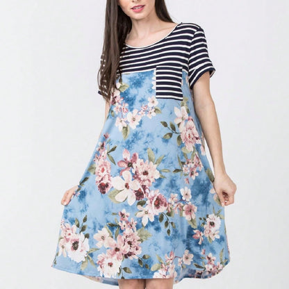 Boho Retro Light Blue Stripe Floral Aline Swing  Dress With Chest Pocket